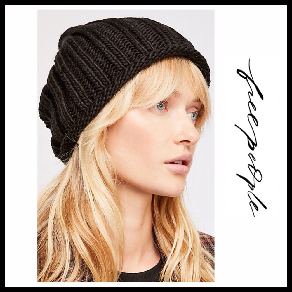 FREE PEOPLE BLACK RIB KNIT SLOUCHY BEANIE HAT A2C - Picture 8 of 8